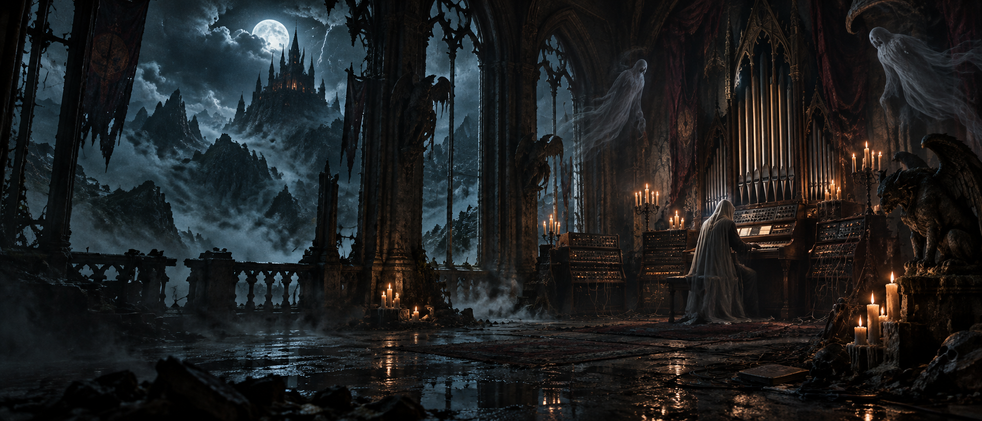 A spectral producer composing inside a haunted mountain castle studio