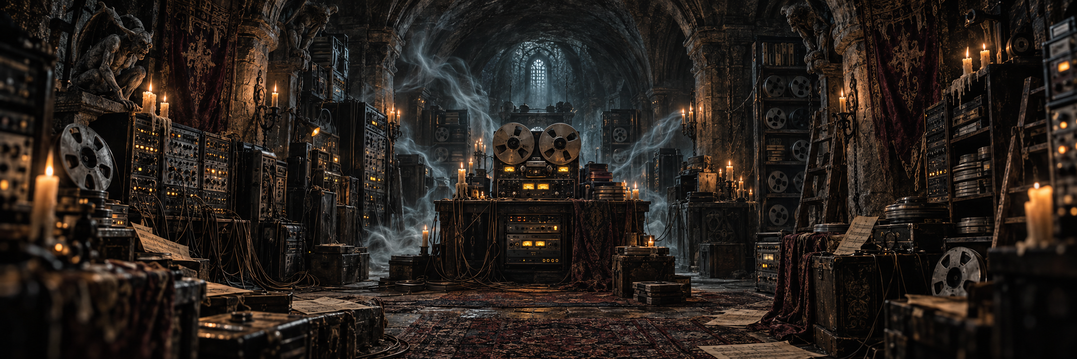 A haunted castle tape vault filled with reel-to-reel machines, synthesizers, candles, and spectral mist